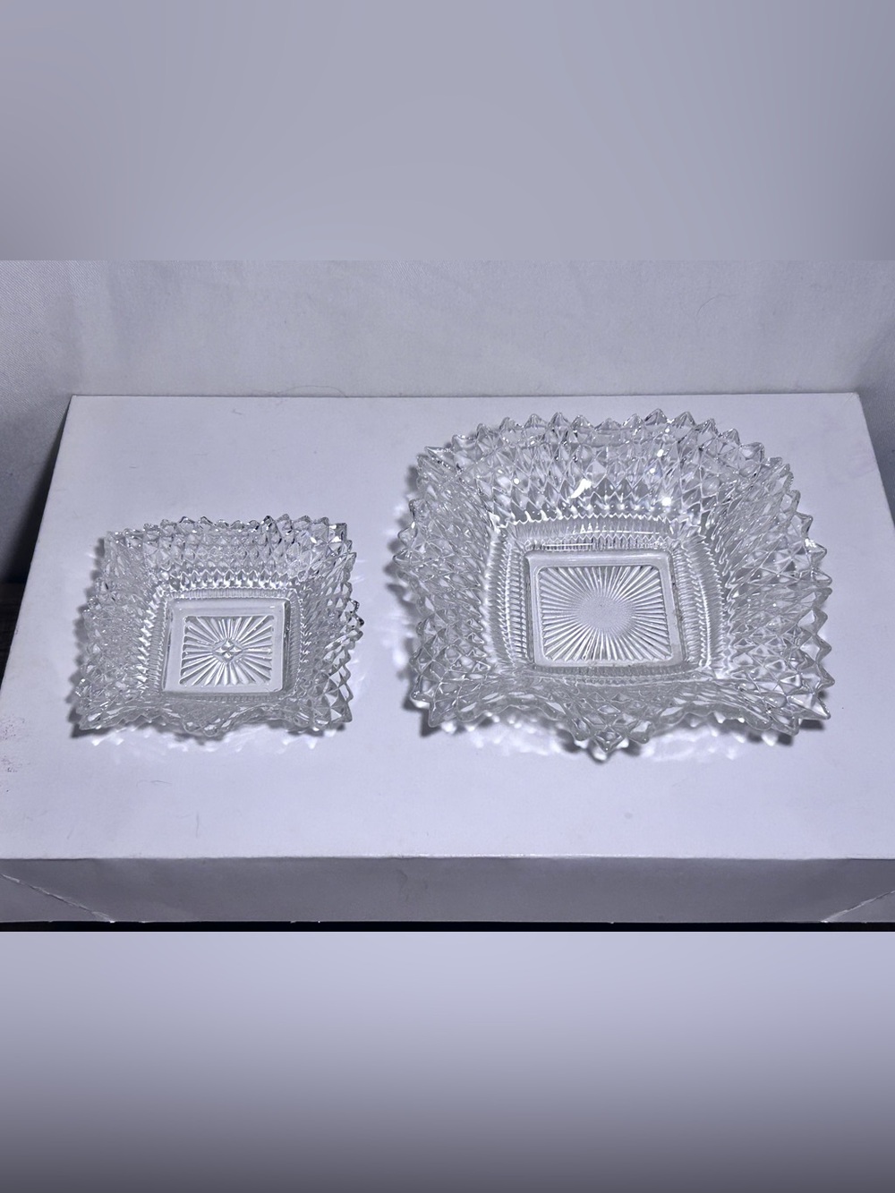 Clear Cut Glass Decorative Bowl Set Scalloped Wavy Edge Diamond Pattern MINT*